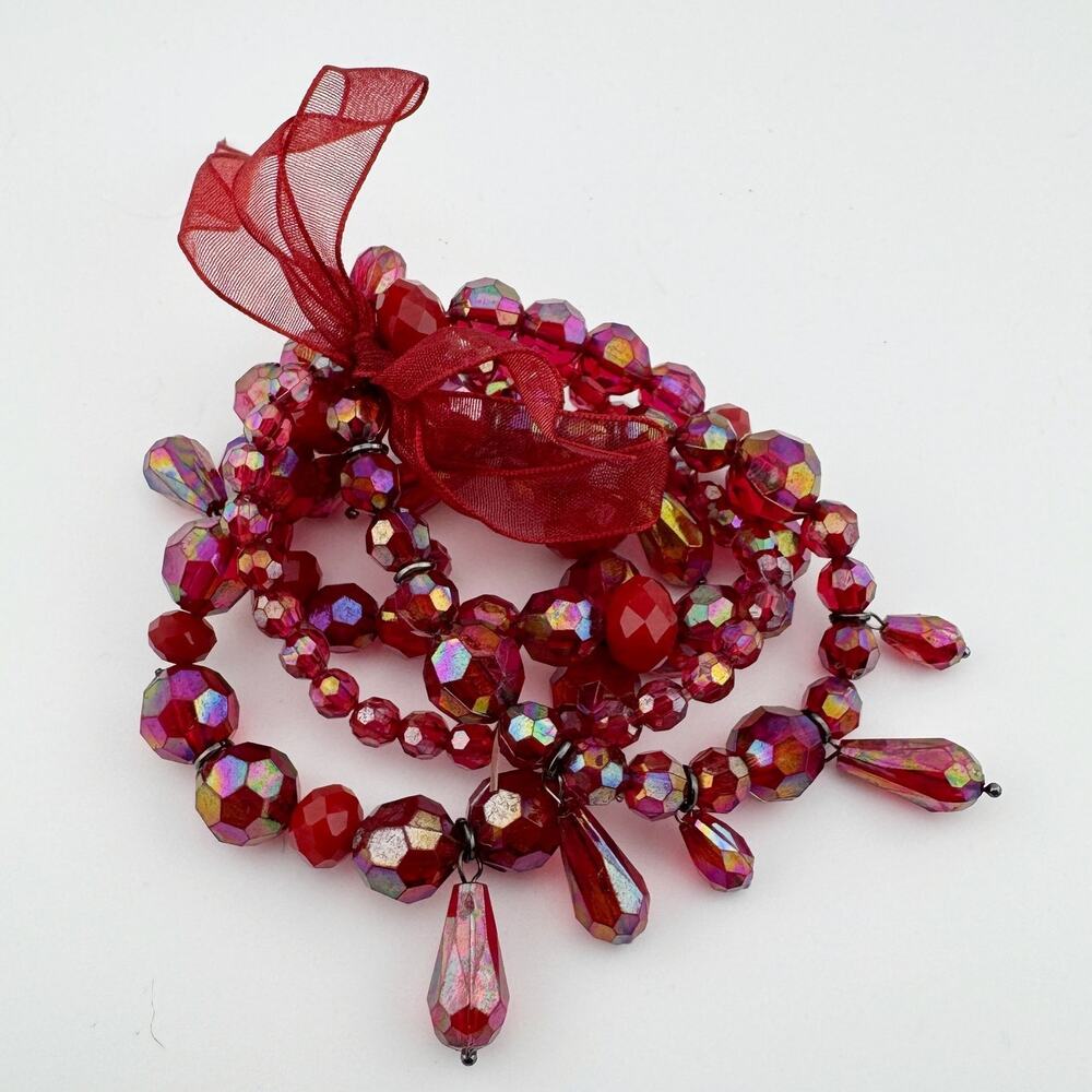 Vintage Red Faceted Bead Stacking Bracelets with Ribbon Accent